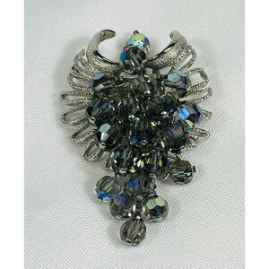 Vintage Smokey Gray Brooch to Pendant Beaded Silver Toned